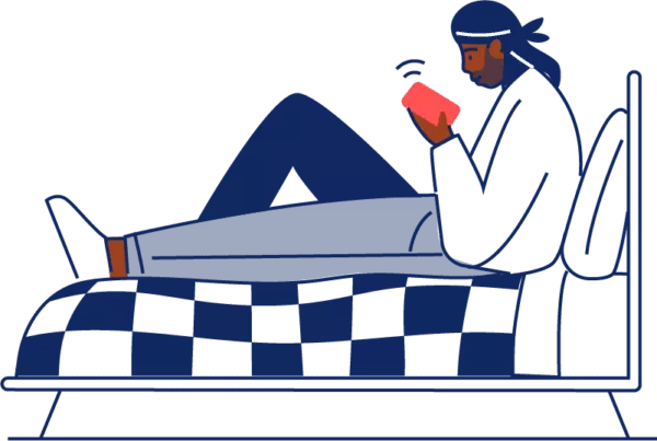 Illustration d'un jeune homme noir assis sur un lit confortable et regardant son téléphone.