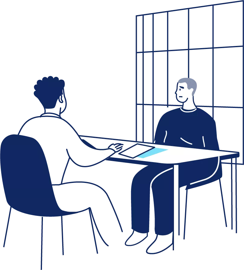 Illustration d'un jeune assis à une table et parlant à un adulte. Le jeune est en prison, comme l'indiquent les barreaux derrière lui, et il a l'air inquiet