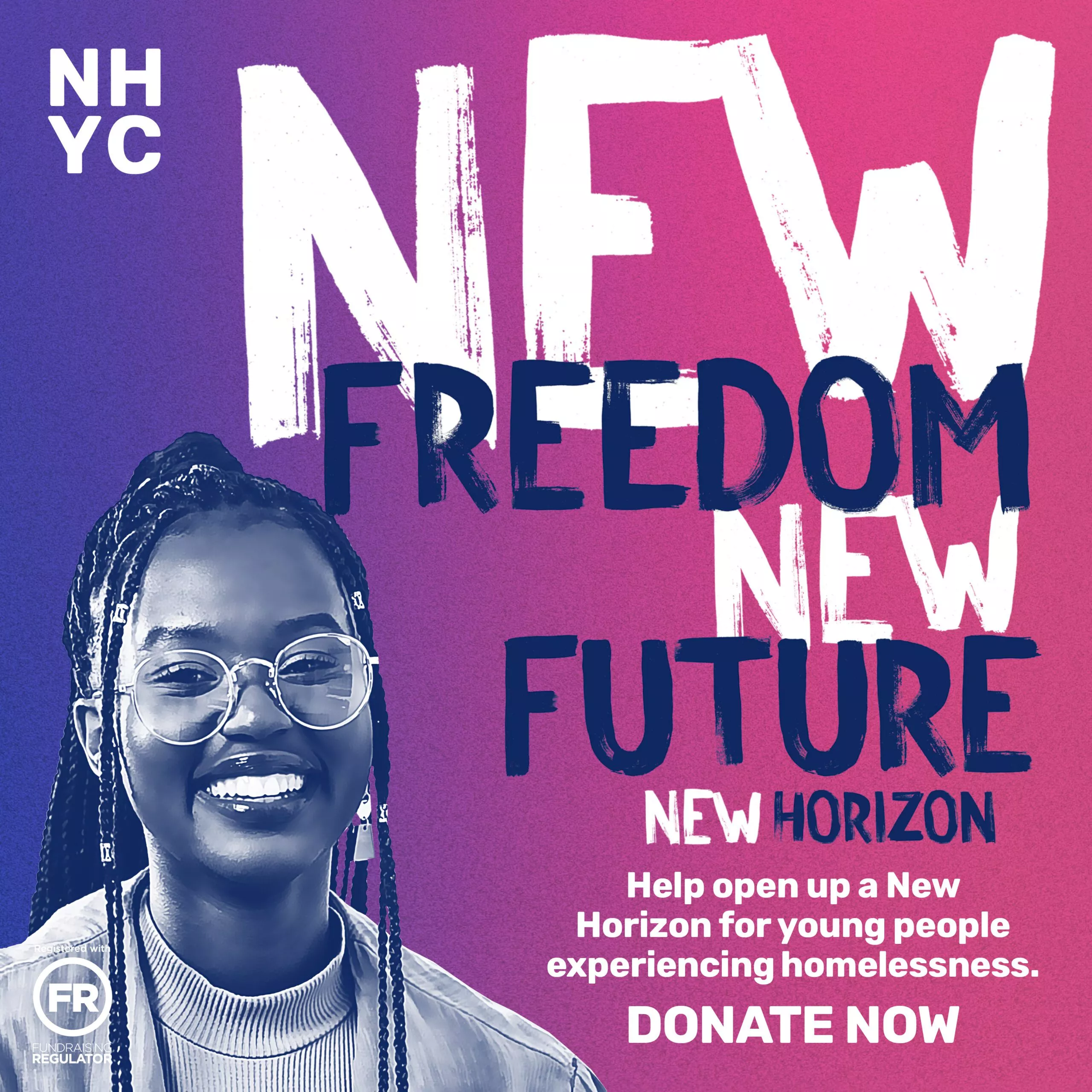 Imagen gráfica en rosa y morado que muestra a una joven negra sonriendo. En el fondo se lee «Nueva libertad, nuevo futuro».