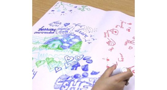 Dibujos y garabatos en papel de rotafolio: corazones azules, un dibujo de una casa y una cruz roja de primeros auxilios.